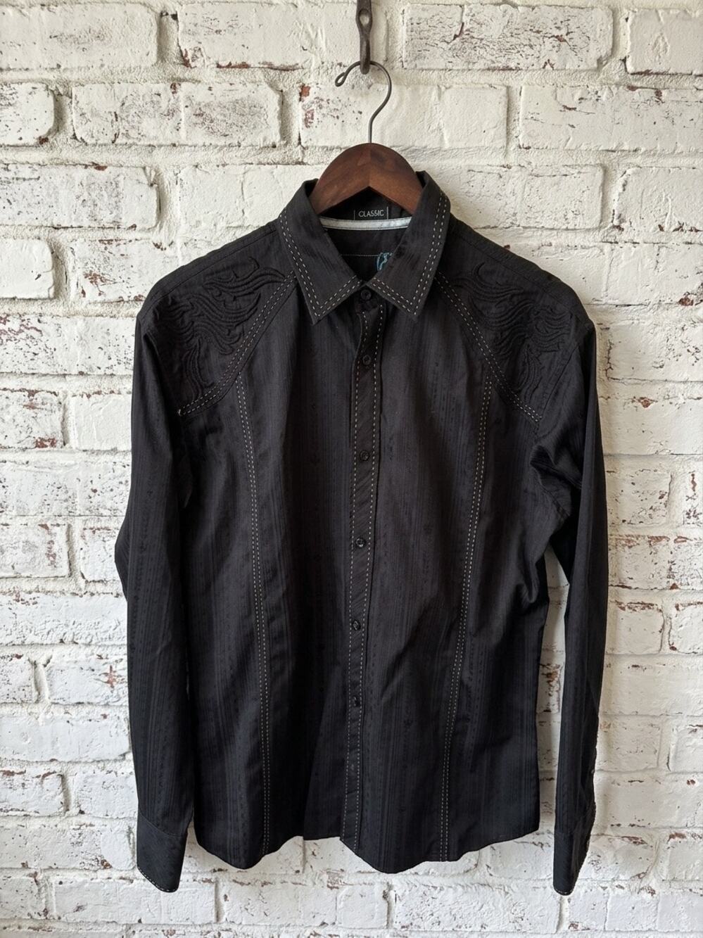 Roar Embroidered Wings Button Down Shirt Black Western Y2K Cyber Grunge Rocker⁠